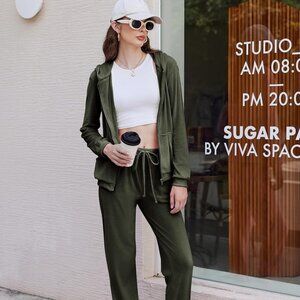 Casual Velour Tracksuit  Zipper Hoodie Velvet Sweatsuit Jogging Suit Green XL